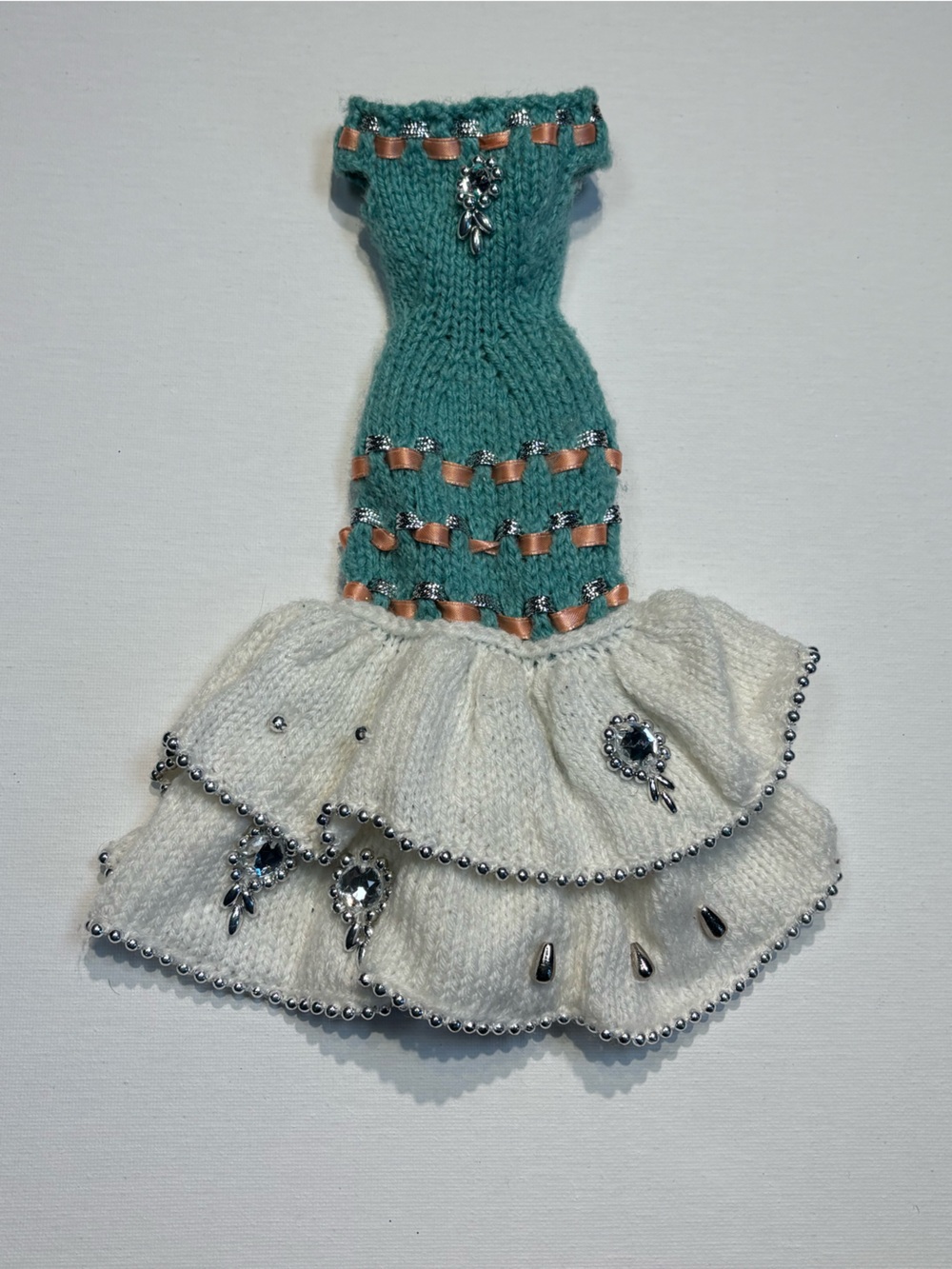 Barbie Teal and White Knit Mermaid-Style Dress with Rhinestones
